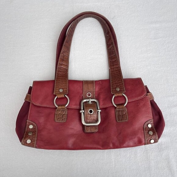 Franco Sarto Red Leather Embossed Brown Trim Shoulder Bag Dual Straps Buckle - Picture 16 of 16
